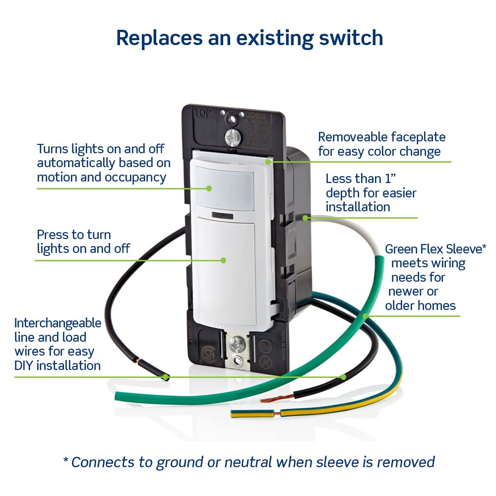 Leviton DOS02-LW Motion Sensor Switch – Auto On/Off, No Neutral, 2A, White