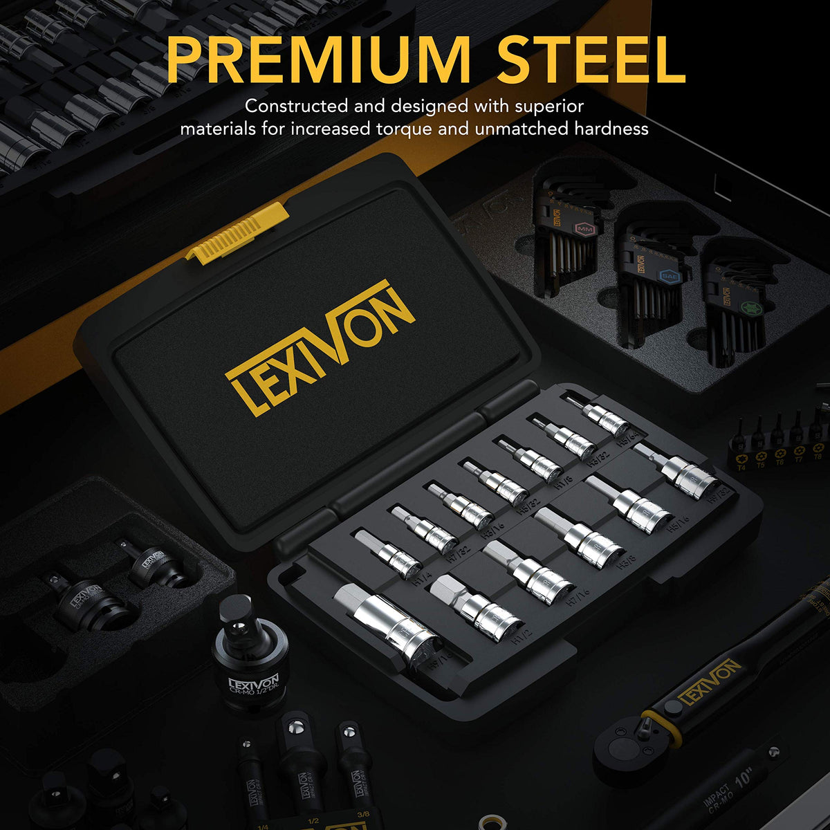 LEXIVON HEX Bit Socket Set, 13-Piece SAE | S2 Alloy Steel | LX-142