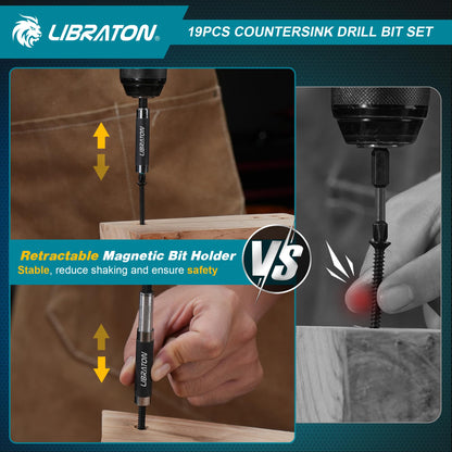 LIBRATON Countersink Drill Bit Set — 19-Piece Tapered Bits for Woodworking
