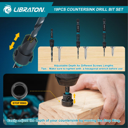 LIBRATON Countersink Drill Bit Set — 19-Piece Tapered Bits for Woodworking