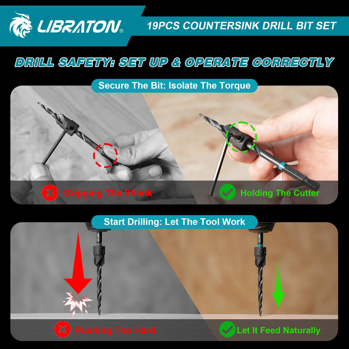 LIBRATON Countersink Drill Bit Set — 19-Piece Tapered Bits for Woodworking