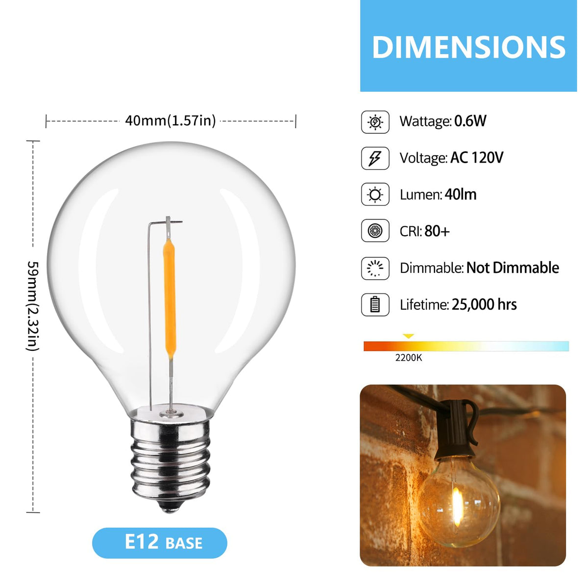 LiEiDi 50-Pack G40 LED Bulbs | E12 Base, 0.6W, 2200K Warm White for Outdoor String Lights