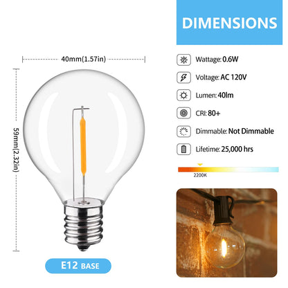 LiEiDi 50-Pack G40 LED Bulbs | E12 Base, 0.6W, 2200K Warm White for Outdoor String Lights