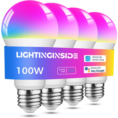 Lightinginside Smart Light Bulbs 100W Equivalent – 1350LM, RGBW Color Changing, No Hub, 4-Pack