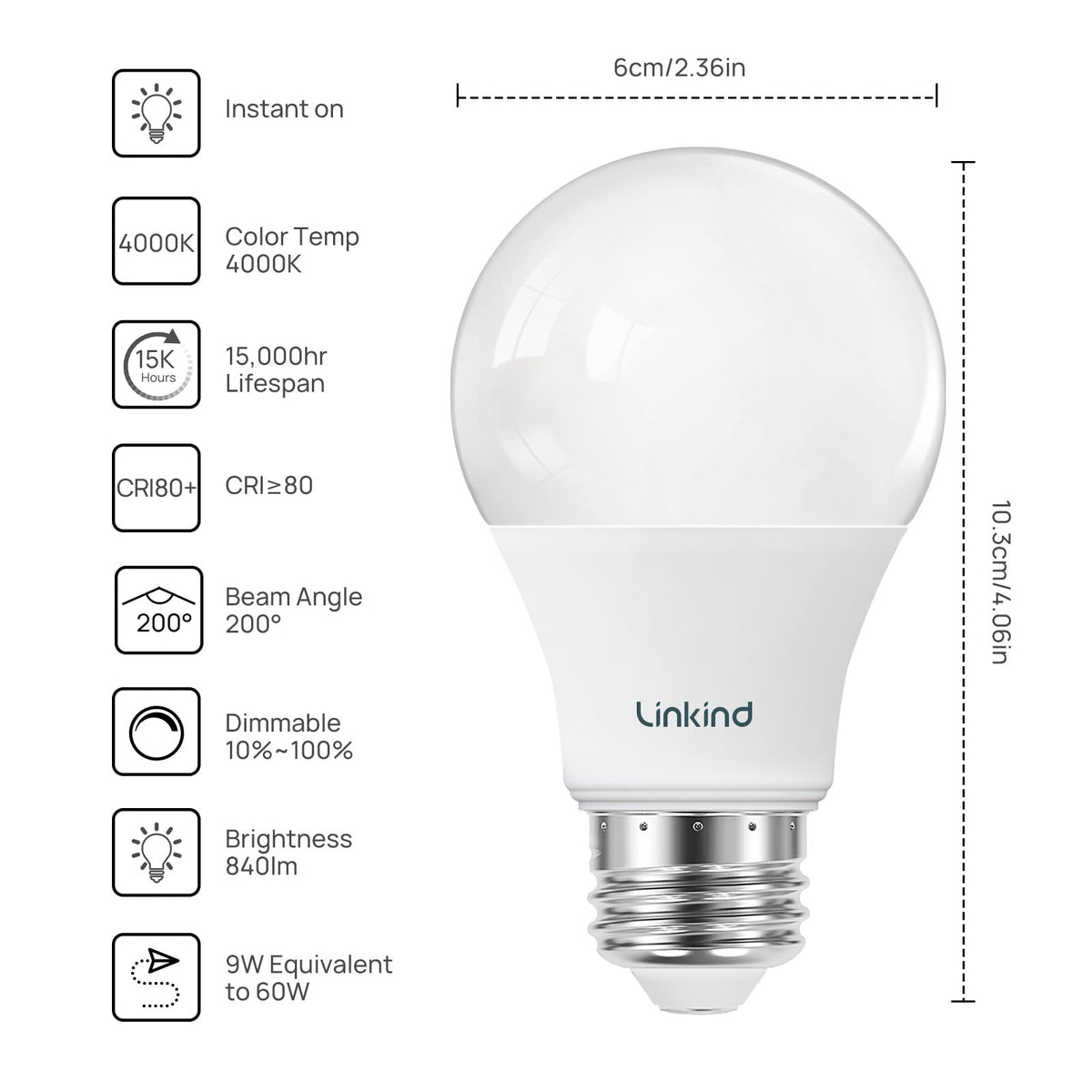 Linkind A19 LED Light Bulbs – 60W Equivalent, Dimmable, 4000K Cool White, 9W, E26 Base, 6 Pack