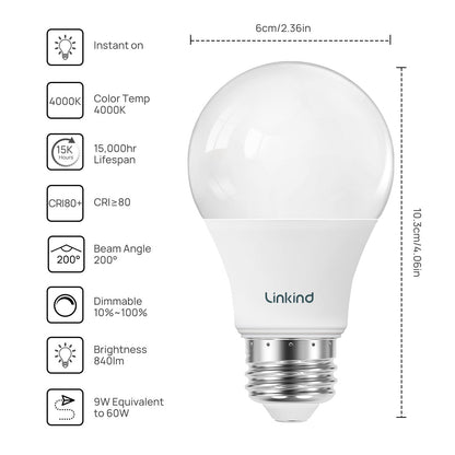 Linkind A19 LED Light Bulbs – 60W Equivalent, Dimmable, 4000K Cool White, 9W, E26 Base, 6 Pack