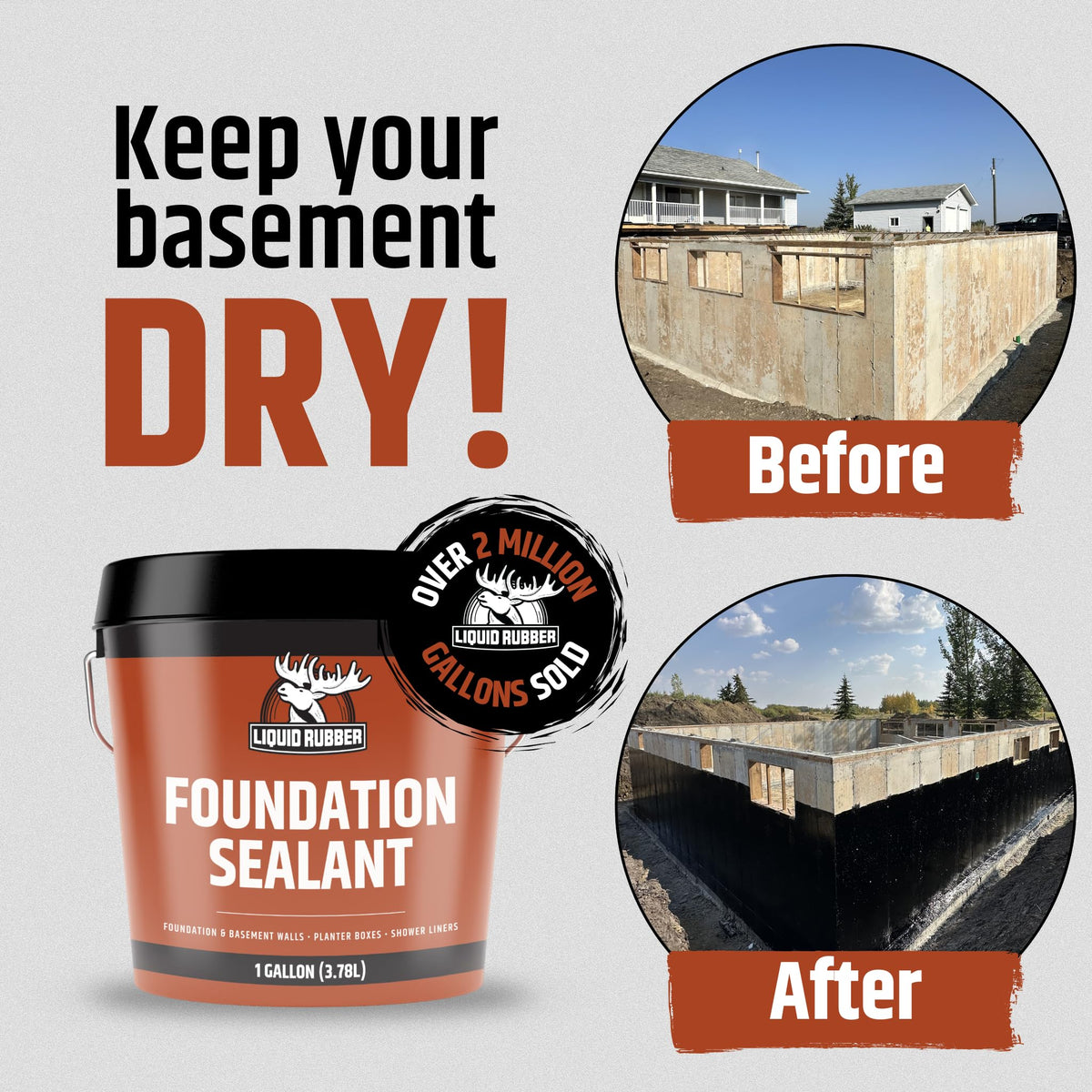 Liquid Rubber Basement & Foundation Repair Sealant — Waterproof Concrete Sealer & Crack Filler (2.5 Gal, Black)
