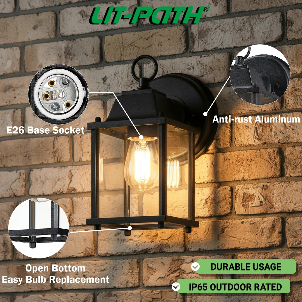 LIT-PaTH Outdoor Wall Lantern – Black, E26, IP65, ETL, 1-Pack