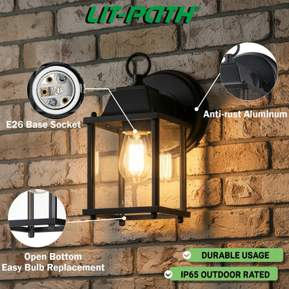 LIT-PaTH Outdoor Wall Lantern – Black, E26, IP65, ETL, 1-Pack