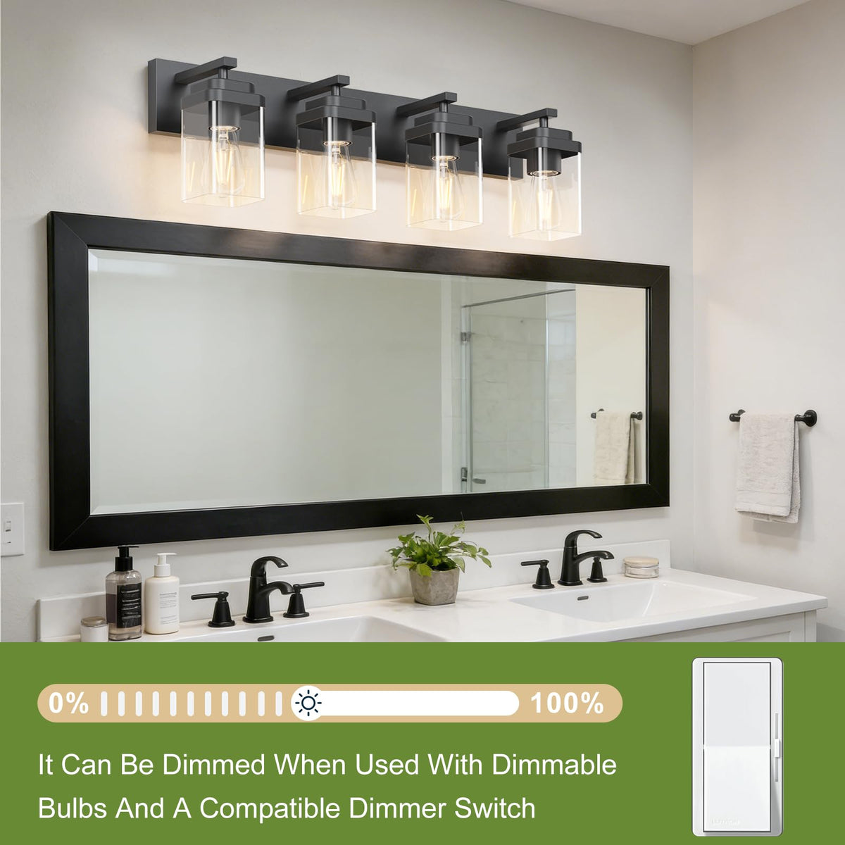 LKHF Black 4-Light Vanity Fixture – Modern Over-Mirror Lighting with Wide Backplate