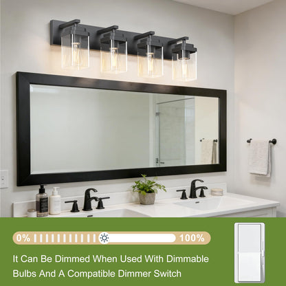 LKHF Black 4-Light Vanity Fixture – Modern Over-Mirror Lighting with Wide Backplate