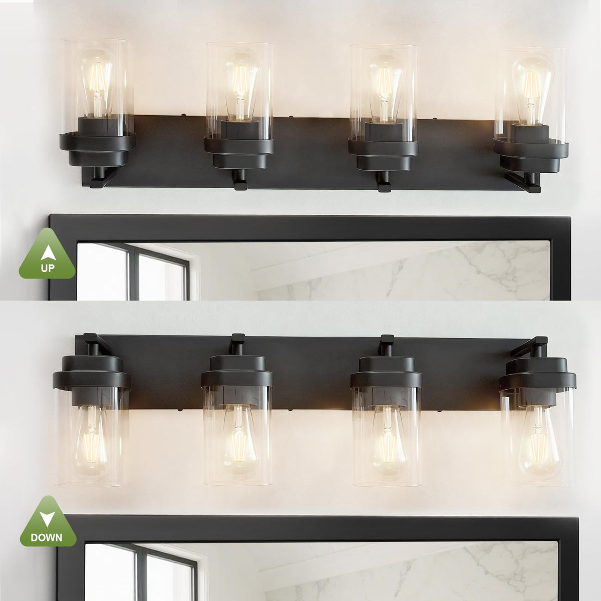 LKHF Black 4-Light Vanity Fixture – Modern Over-Mirror Lighting with Wide Backplate