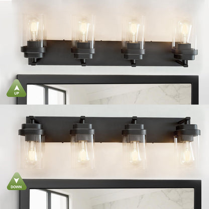LKHF Black 4-Light Vanity Fixture – Modern Over-Mirror Lighting with Wide Backplate