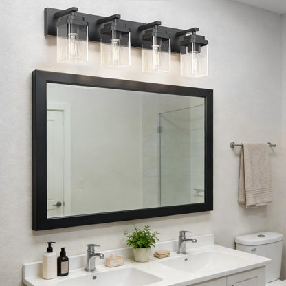 LKHF Black 4-Light Vanity Fixture – Modern Over-Mirror Lighting with Wide Backplate