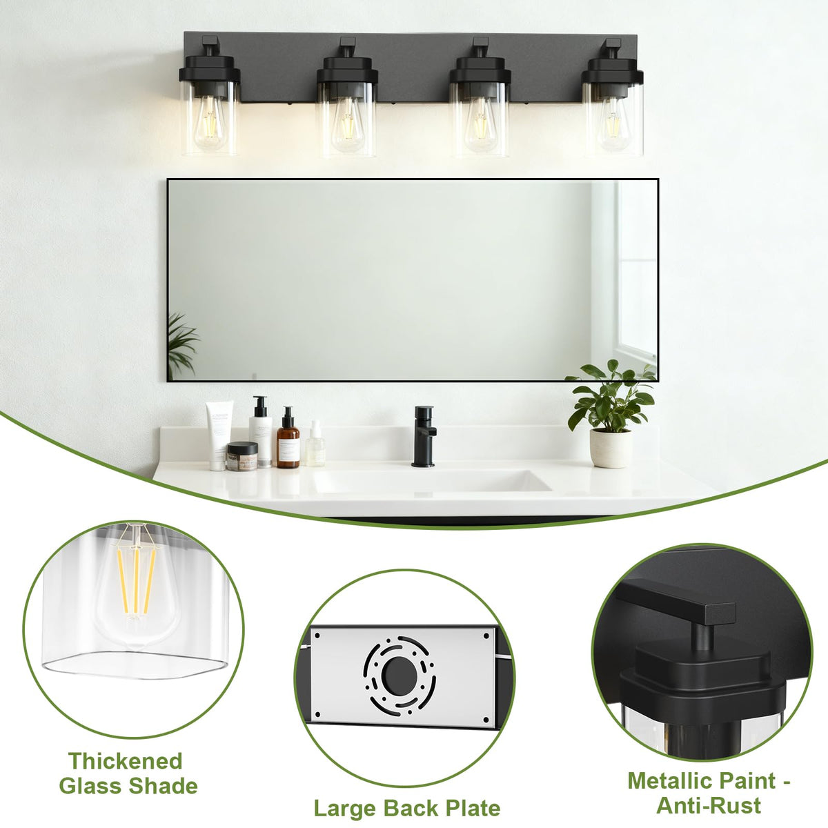 LKHF Black 4-Light Vanity Fixture – Modern Over-Mirror Lighting with Wide Backplate