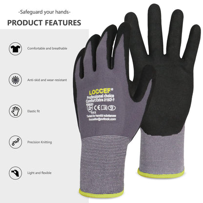 LOCCEF MicroFoam Nitrile Coated Work Gloves – 6 Pairs, Seamless Knit Nylon, Gray