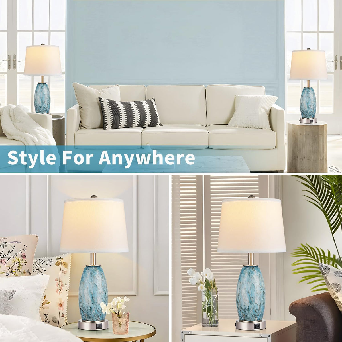 Lovlast Table Lamps Set of 2 – 3-Way Lighting, USB-C & Type-C Ports, Coastal Modern Glass Nightstand Lamps (23.5" H)