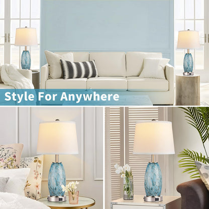 Lovlast Table Lamps Set of 2 – 3-Way Lighting, USB-C & Type-C Ports, Coastal Modern Glass Nightstand Lamps (23.5" H)