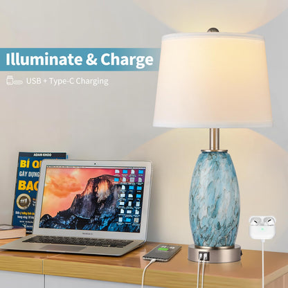 Lovlast Table Lamps Set of 2 – 3-Way Lighting, USB-C & Type-C Ports, Coastal Modern Glass Nightstand Lamps (23.5" H)
