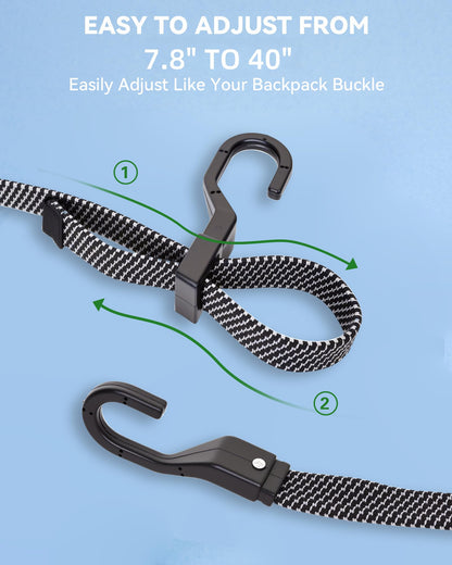 LuckyStraps 6-Pack 40in Flat Adjustable Bungee Cords with Hooks – Heavy Duty Quick-Adjust