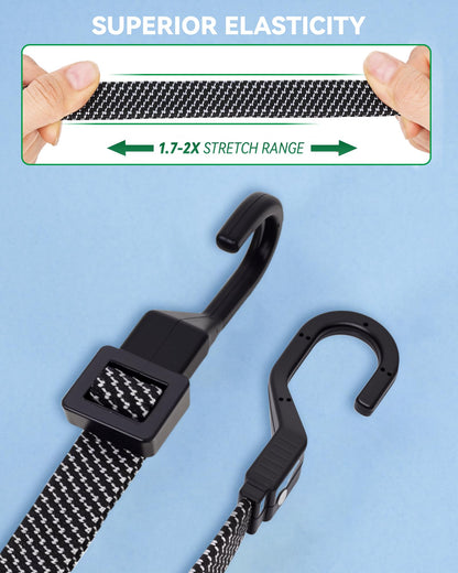 LuckyStraps 6-Pack 40in Flat Adjustable Bungee Cords with Hooks – Heavy Duty Quick-Adjust