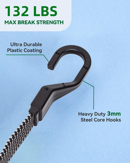 LuckyStraps 6-Pack 40in Flat Adjustable Bungee Cords with Hooks – Heavy Duty Quick-Adjust