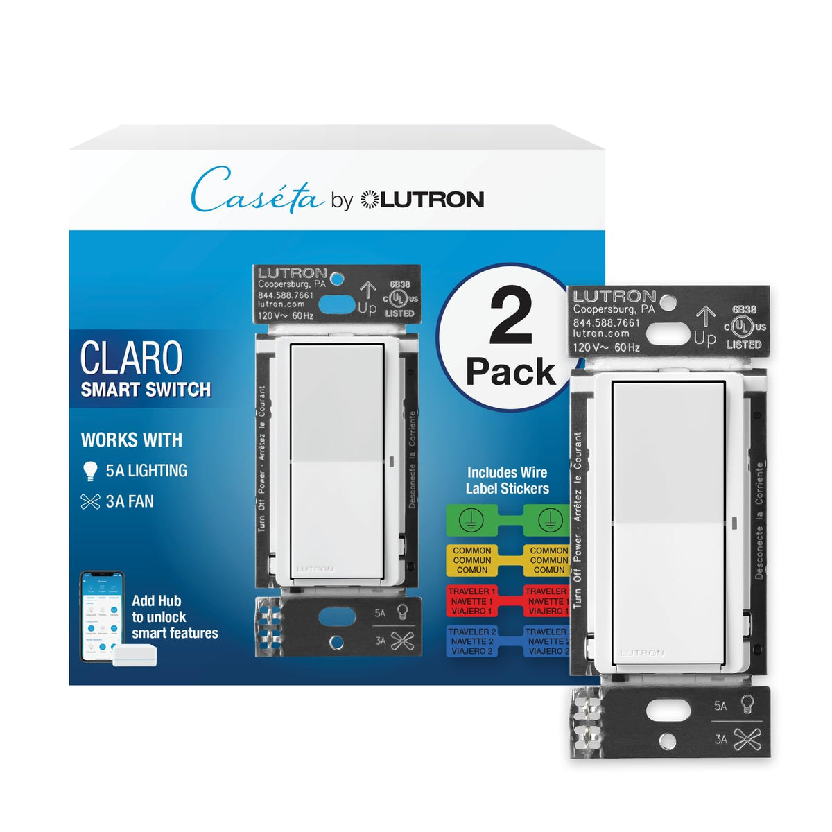 Lutron Claro Smart Switch for Caseta Lighting – 2 Pack, White, DVRF-5NSS-WH-2 (Neutral Required)