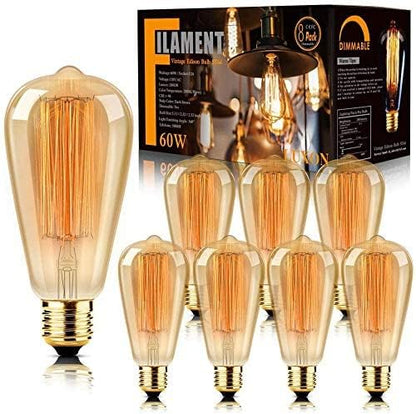 LUXON 8-Pack Edison Bulbs - Antique Amber 60W, Dimmable E26 for Sconces