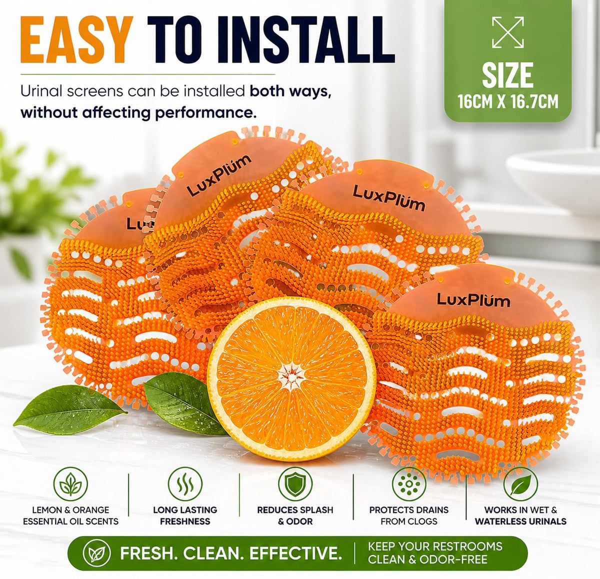 LuxPlum Urinal Screens Deodorizer – Orange Scent, 10 Pack
