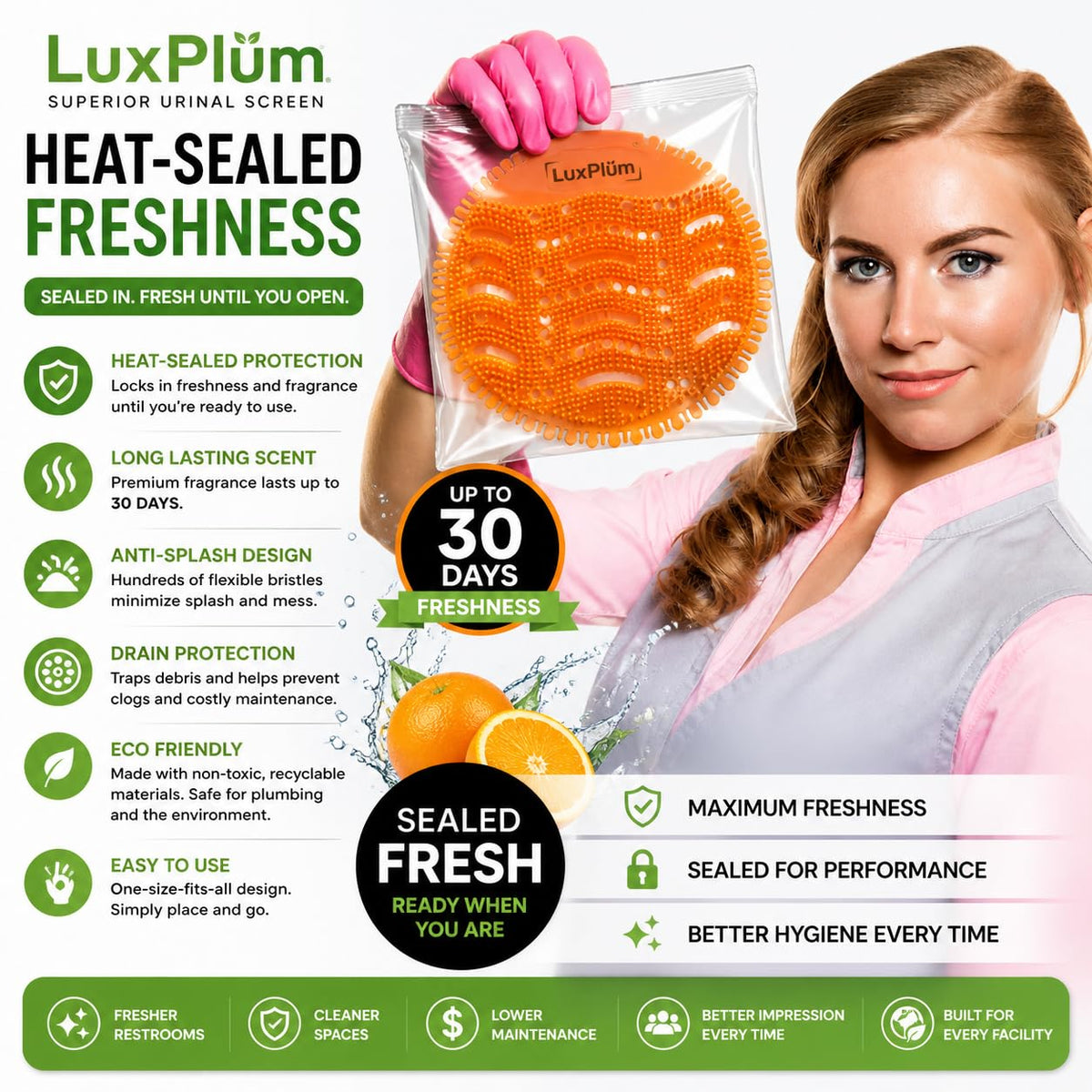 LuxPlum Urinal Screens Deodorizer – Orange Scent, 10 Pack