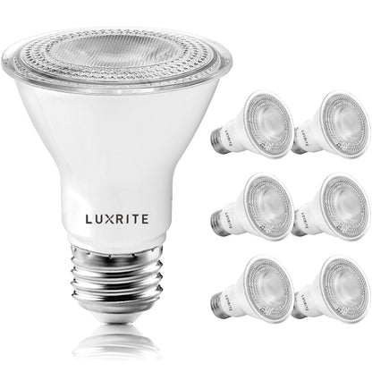 LUXRITE 6 Pack PAR20 LED Bulbs – 50W Eq, 2700K, Dimmable, Wet Rated