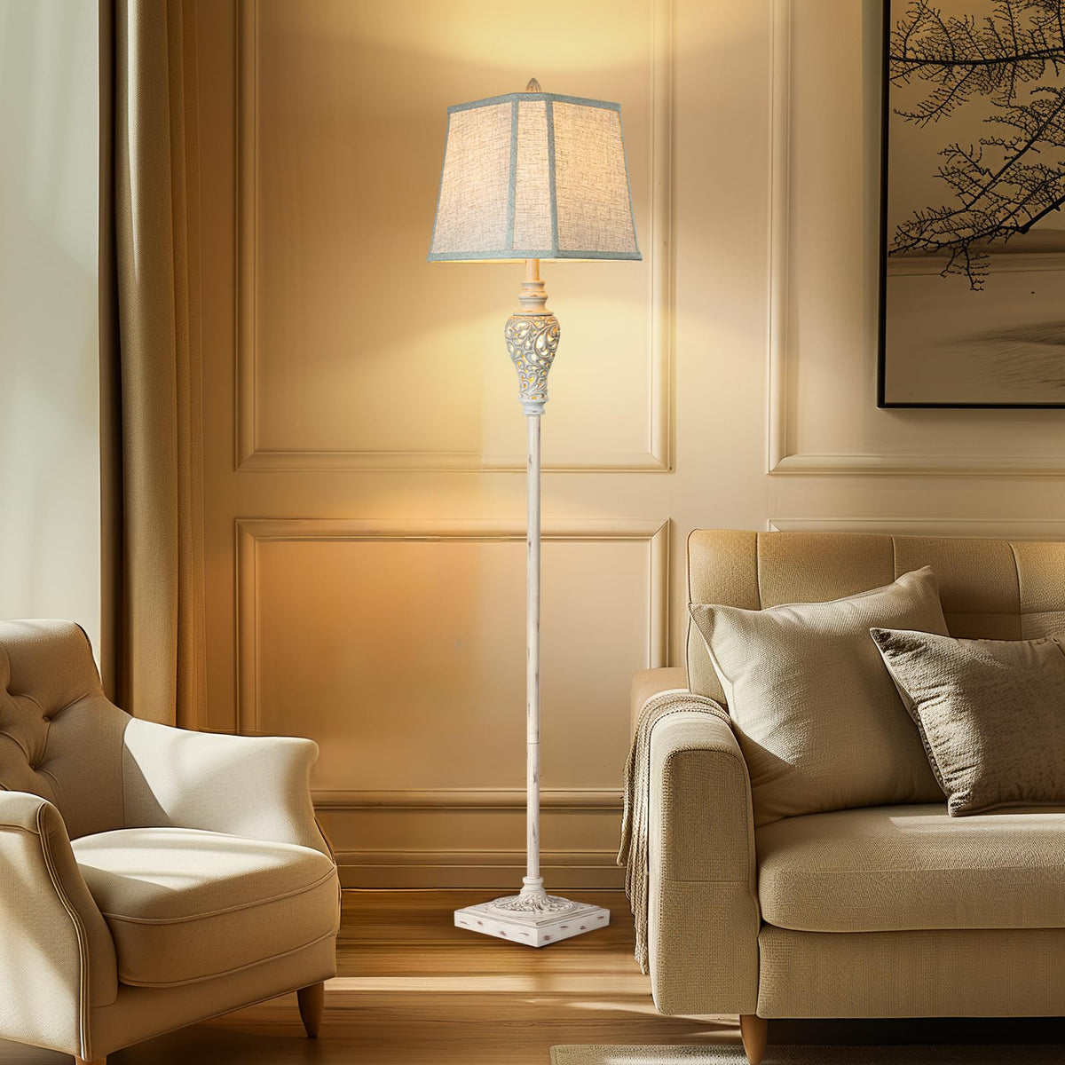 LuxSight Collection Rustic Floor Lamp 65'' Tall with Nightlight – Linen Cut-Corner Shade, Bulb Included