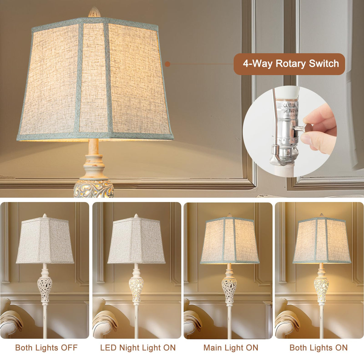 LuxSight Collection Rustic Floor Lamp 65'' Tall with Nightlight – Linen Cut-Corner Shade, Bulb Included