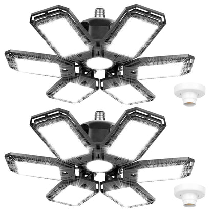 Luyata 2 Pack LED Garage Lights - Deformable 6-Panel, 200W, 18,000 Lumens, 6500K Daylight, Easy E26/E27 Install
