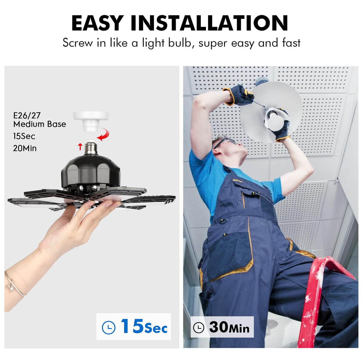 Luyata 2 Pack LED Garage Lights - Deformable 6-Panel, 200W, 18,000 Lumens, 6500K Daylight, Easy E26/E27 Install
