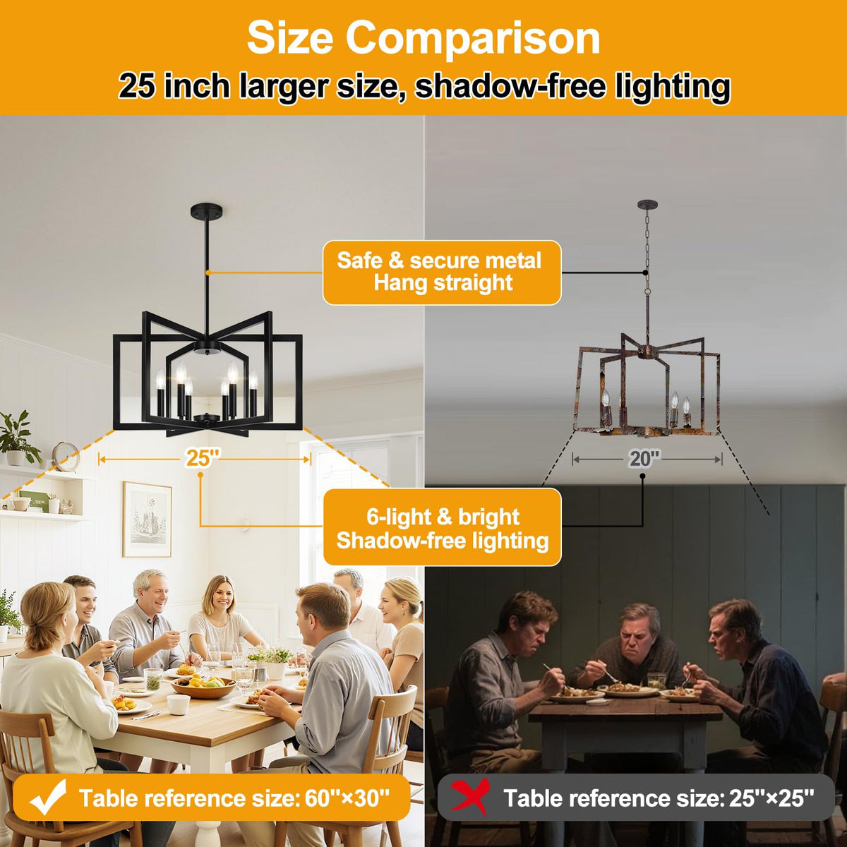 Lynnoland 25-inch Matte Black Chandelier – Geometric Pendant Lighting for Dining