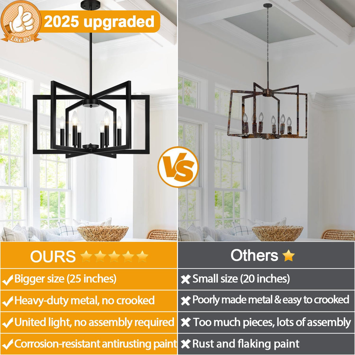 Lynnoland 25-inch Matte Black Chandelier – Geometric Pendant Lighting for Dining