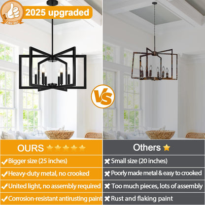 Lynnoland 25-inch Matte Black Chandelier – Geometric Pendant Lighting for Dining