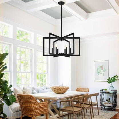 Lynnoland 25-inch Matte Black Chandelier – Geometric Pendant Lighting for Dining