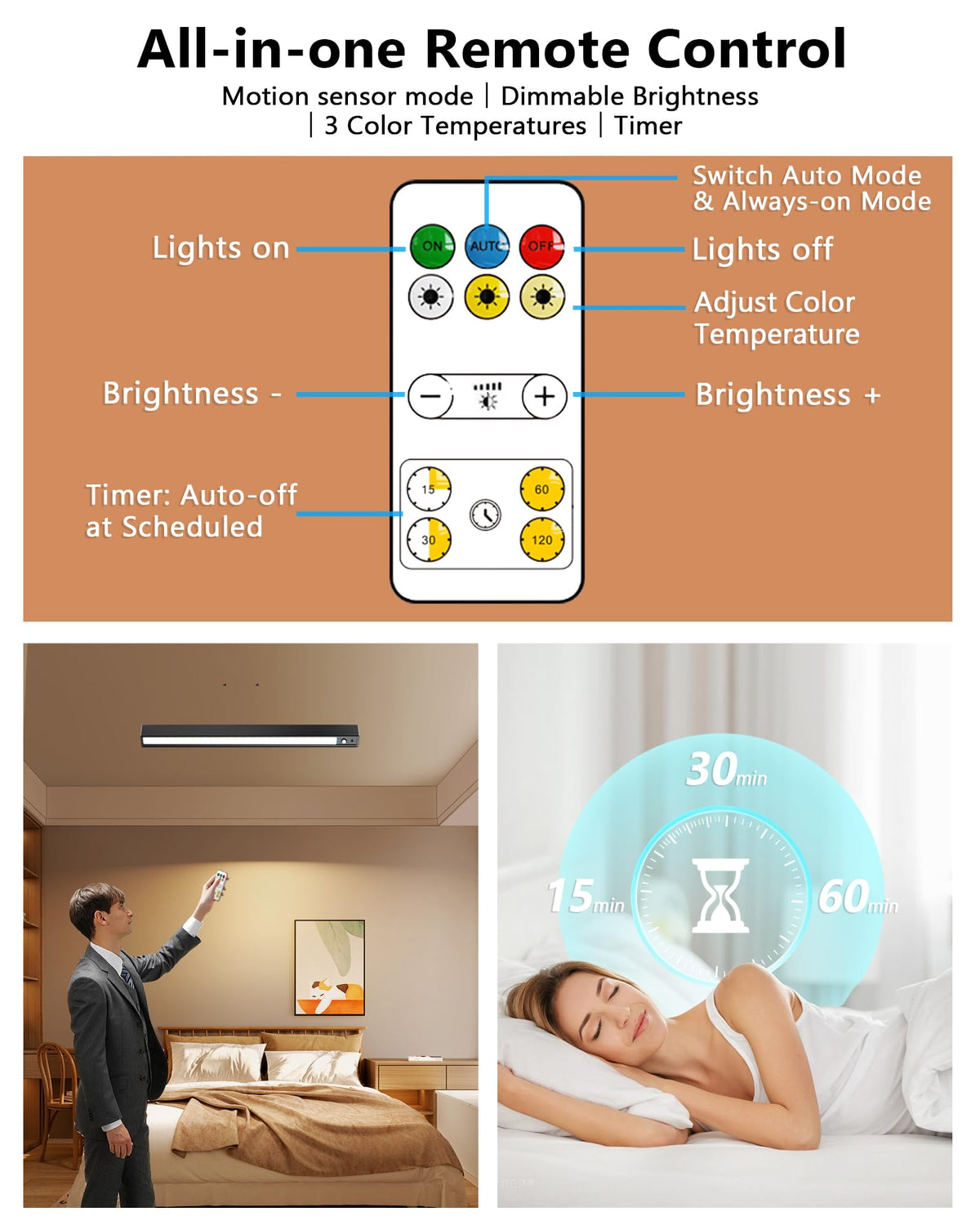 LYTARA Rechargeable Motion Sensor Ceiling Light – 500LM, 3 Color Temps, Remote