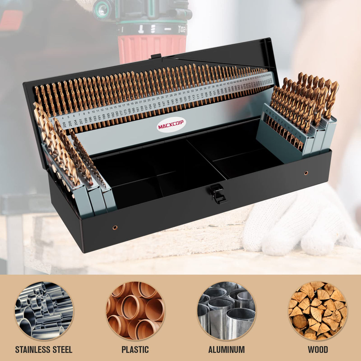 MACXCOIP 115-Piece Cobalt Drill Bit Set | M35 HSS for Hardened Metals