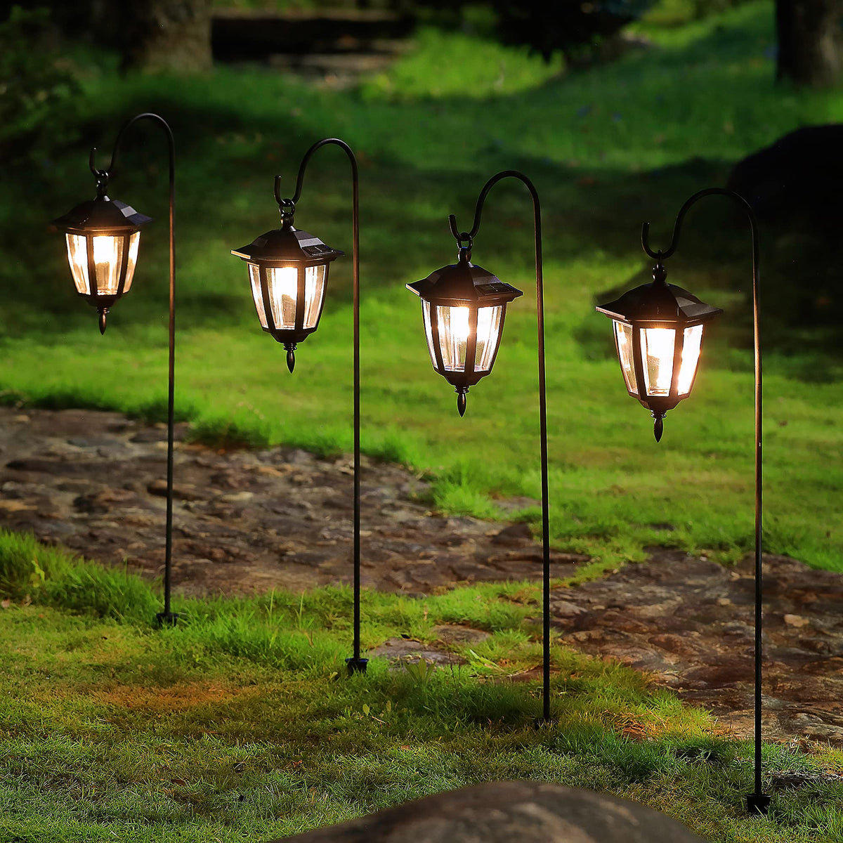 MAGGIFT 34-Inch Hanging Solar Lights with 2 Shepherd Hooks — Warm White Outdoor Lanterns (2-Pack)