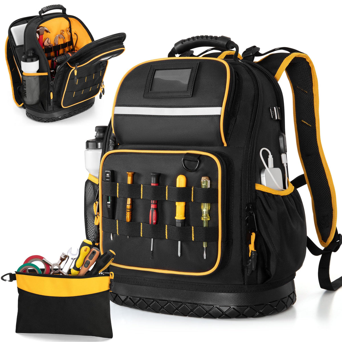 Marscamd Tool Backpack with Hard Bottom | Heavy-Duty Tool Bag with Pockets & Laptop Sleeve – Black