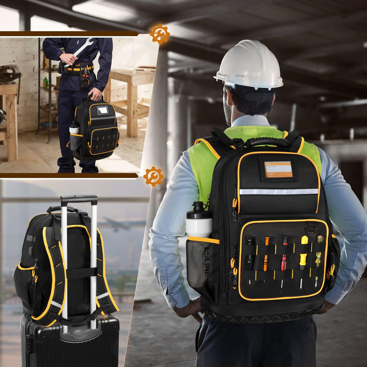 Marscamd Tool Backpack with Hard Bottom | Heavy-Duty Tool Bag with Pockets & Laptop Sleeve – Black