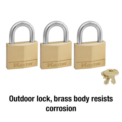 Master Lock 140TRI Solid Brass Padlock with Key, 3 Pack – Corrosion-Resistant & Secure