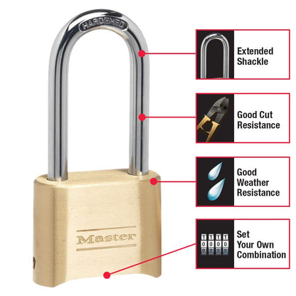 Master Lock 175DLH Brass Combination Padlock – Customizable Gate Lock with Extended Shackle