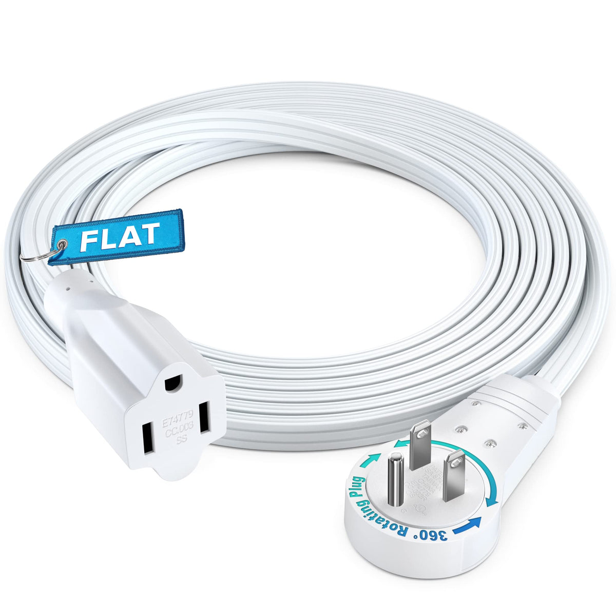 Maximm 360° Rotating Flat Plug — 5 ft Under Carpet, Slim Low-Profile White