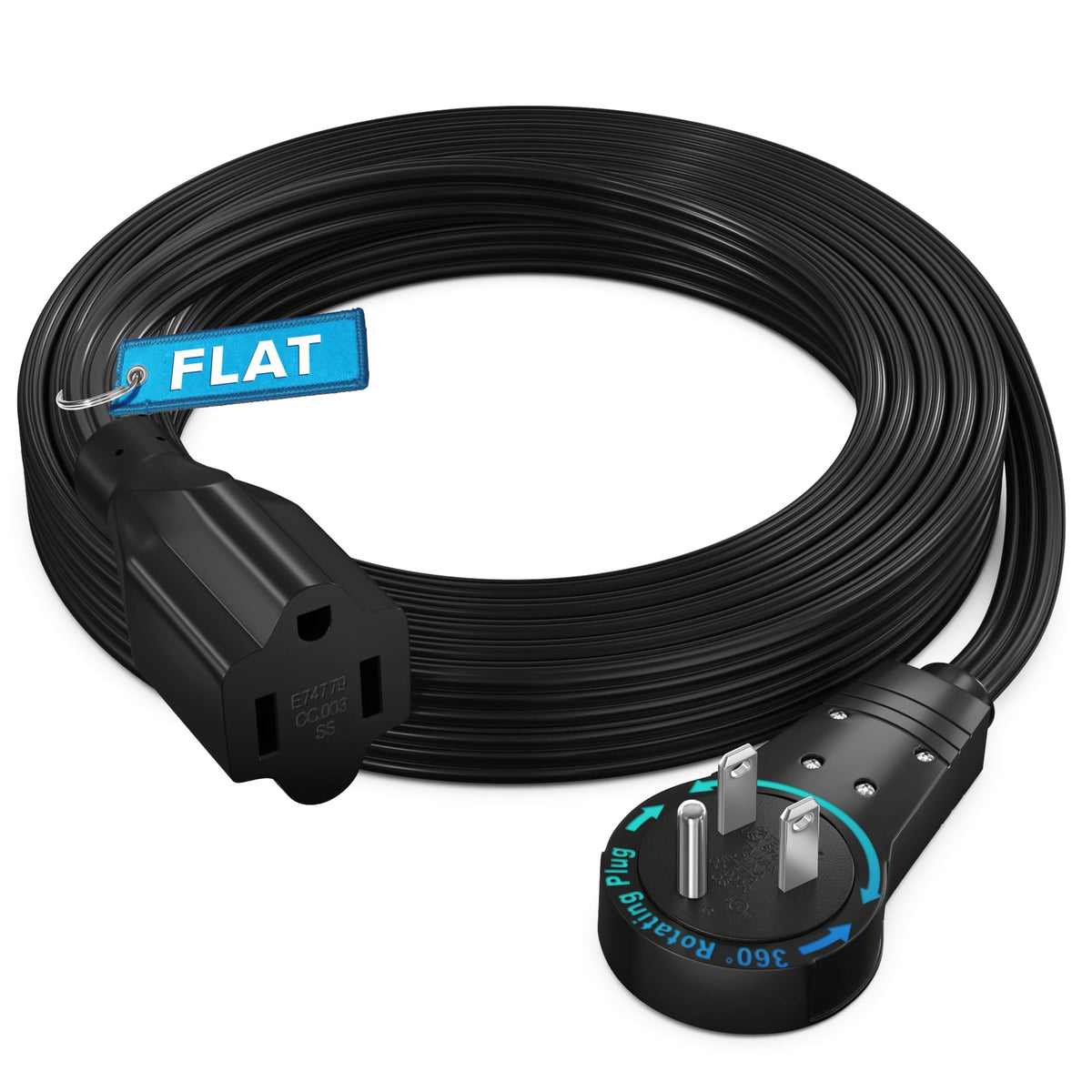 Maximm 360° Rotating Plug Extension Cord – 10ft Flat, Low-Profile (Black)