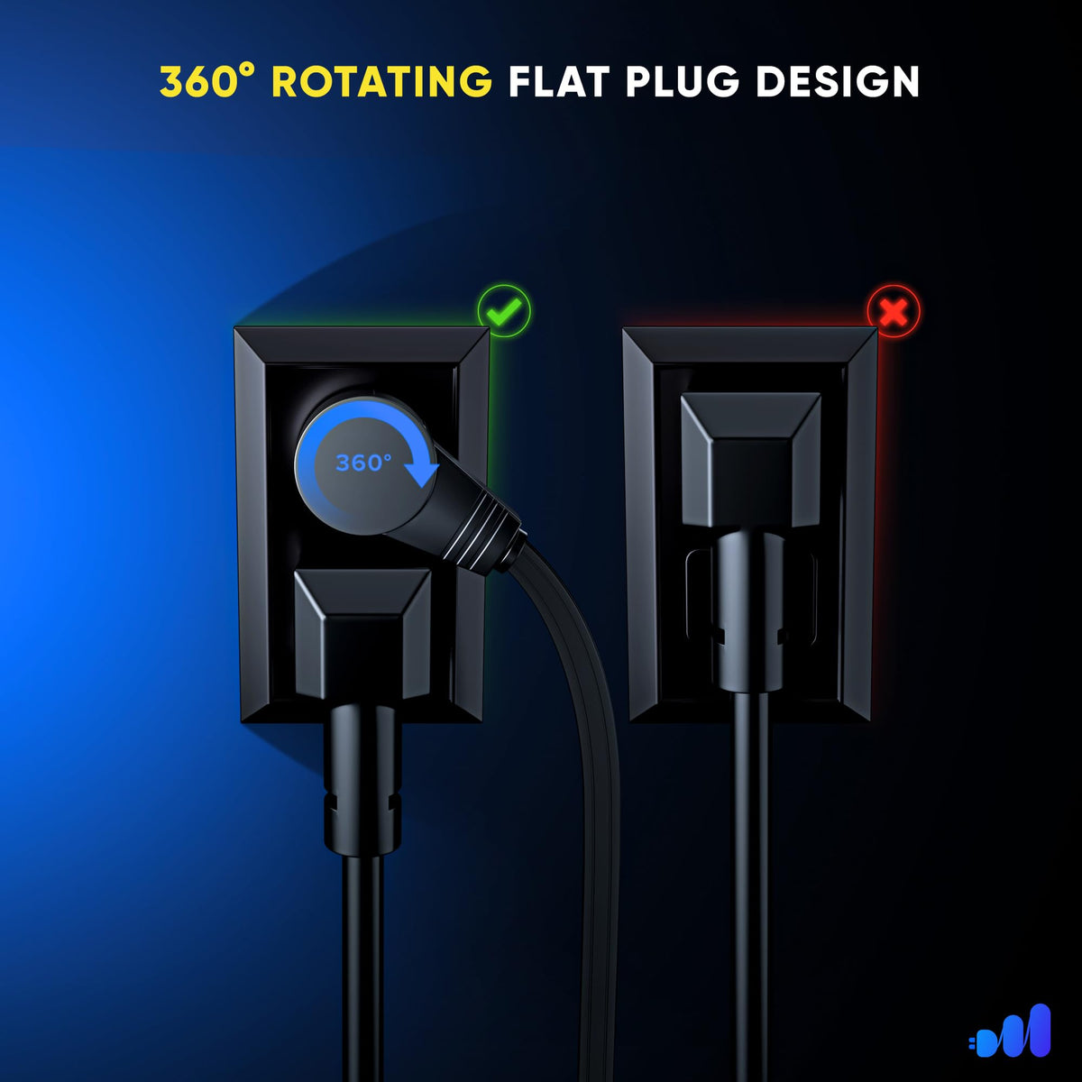 Maximm 360° Rotating Plug Extension Cord – 10ft Flat, Low-Profile (Black)