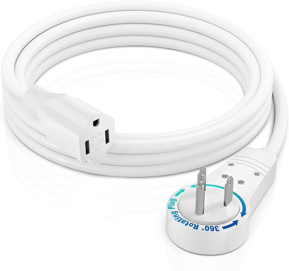 Maximm 6 Ft White Extension Cord – 360° Rotating Flat Plug, 3-Prong Grounded, UL Certified